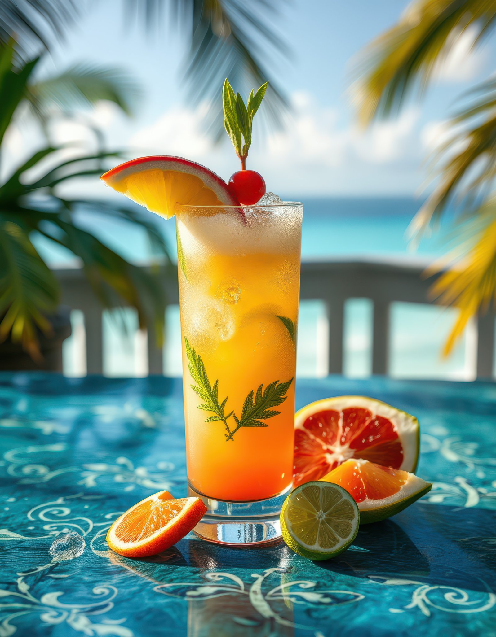 Refreshing tropical cocktail garnished with fruits against a stunning beach backdrop in a sunny setting